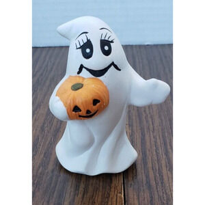 Halloween Small Ceramic 4 inch Smiling Ghost With Pumpkin Figure